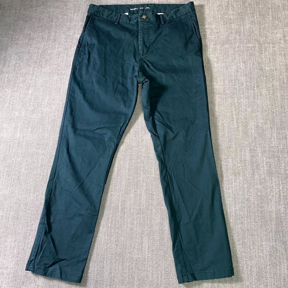 Old Navy Built-In Flex Chino Pant Men 34x30 Green Mid Rise Slim Fit Straight Leg